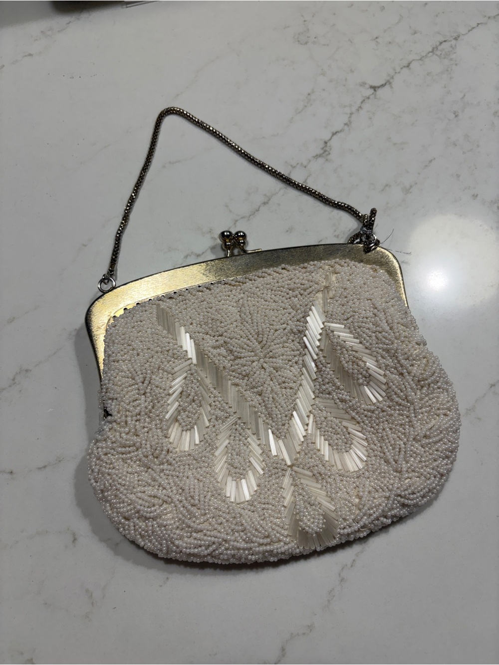 Beaded Cream Evening Clutch with Gold Accents and Kisslock
